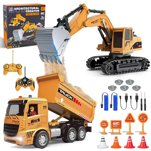 Escavatore Radiocomandato e Camion Ribaltabile Telecomandato, 2 RC Veicoli da...